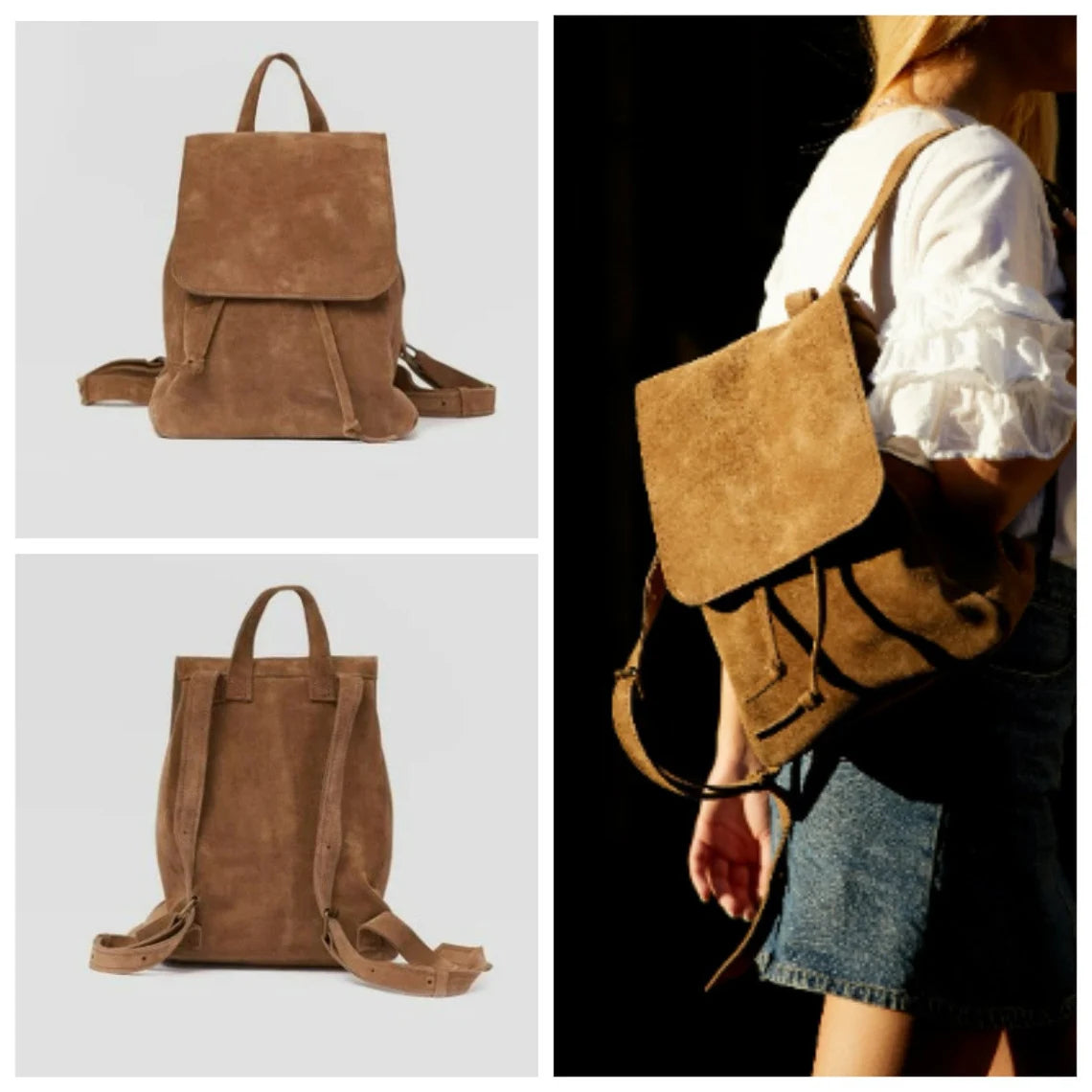 Suede Leather Backpack with Flap Closure