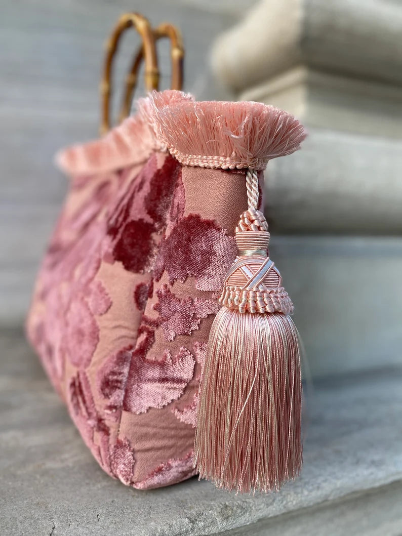 Velvet Floral Handbag with Bamboo Handle