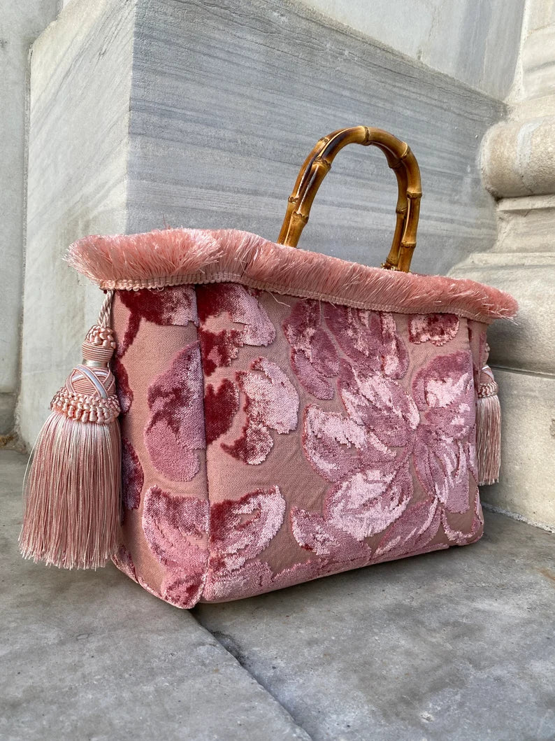 Velvet Floral Handbag with Bamboo Handle