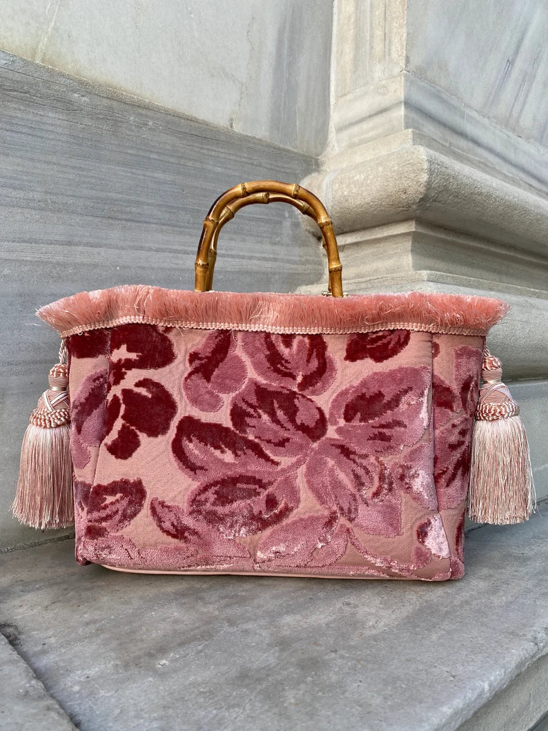 Velvet Floral Handbag with Bamboo Handle