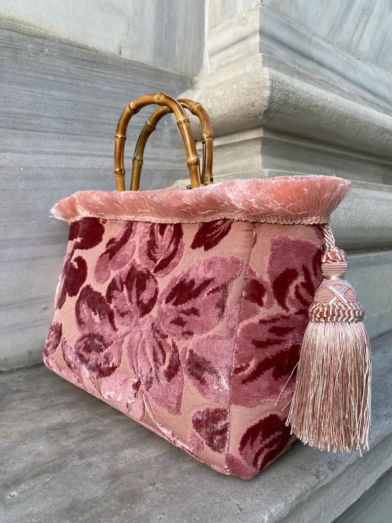 Velvet Floral Handbag with Bamboo Handle