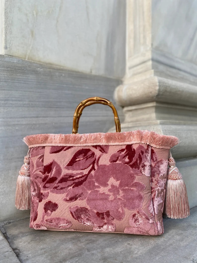 Velvet Floral Handbag with Bamboo Handle