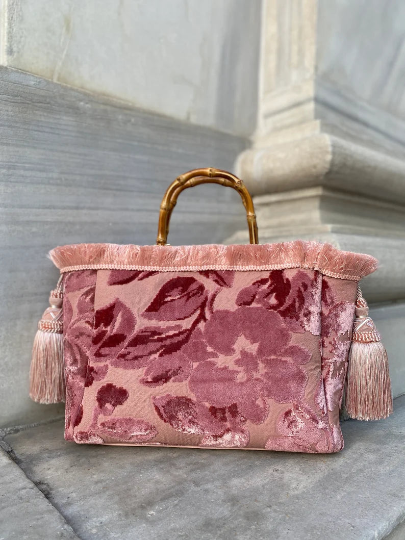 Velvet Floral Handbag with Bamboo Handle