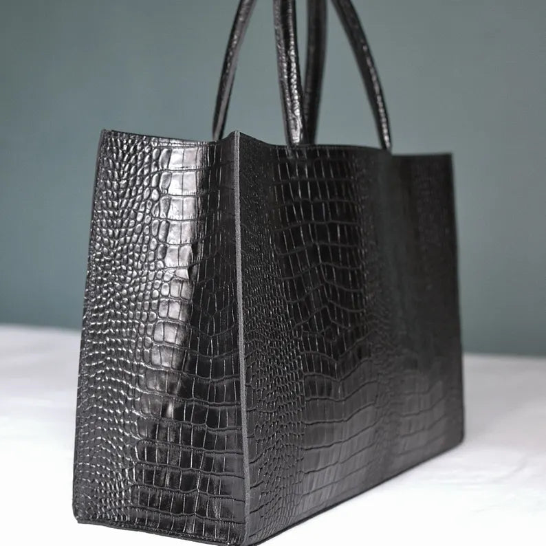 Croc-Embossed Structured Tote Handbag