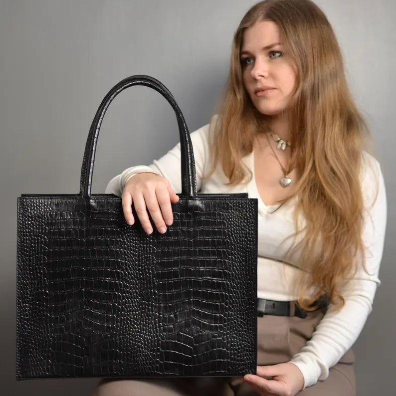 Croc-Embossed Structured Tote Handbag