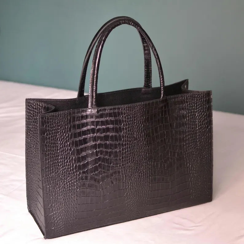 Croc-Embossed Structured Tote Handbag