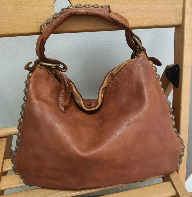 Soft Leather Shoulder Bag with Studded Details