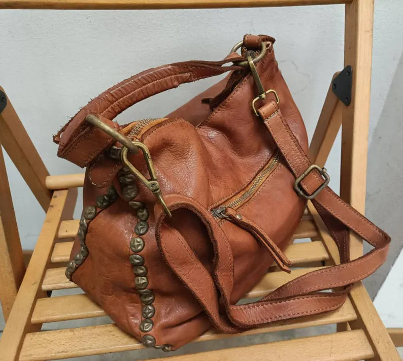 Soft Leather Shoulder Bag with Studded Details