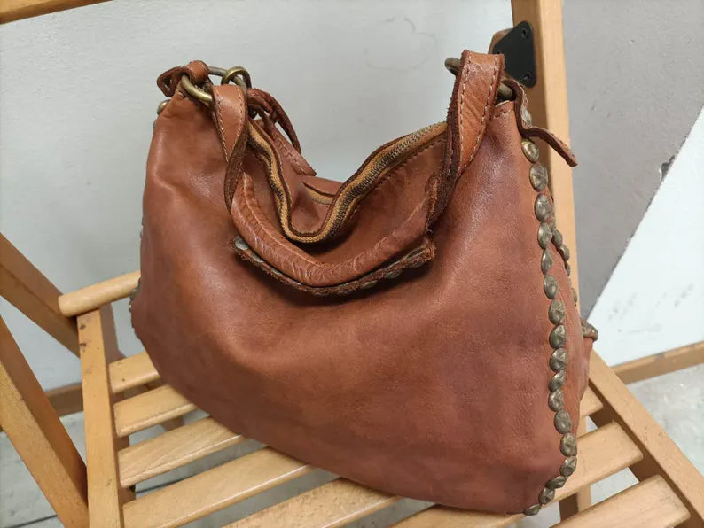 Soft Leather Shoulder Bag with Studded Details
