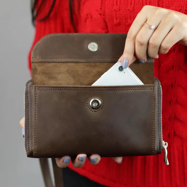Leather Crossbody Wallet with Zip Compartments