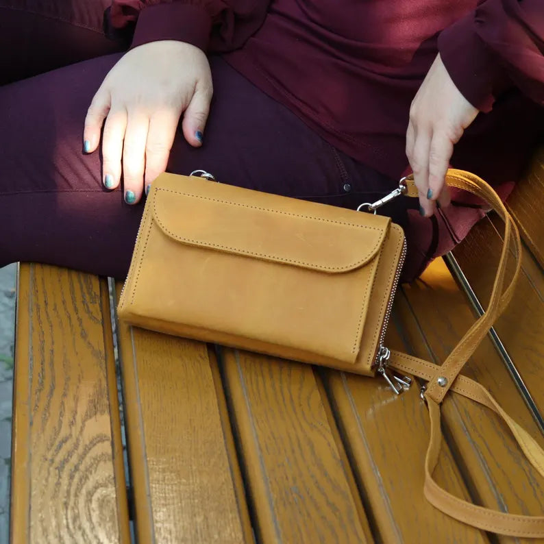 Leather Crossbody Wallet with Zip Compartments