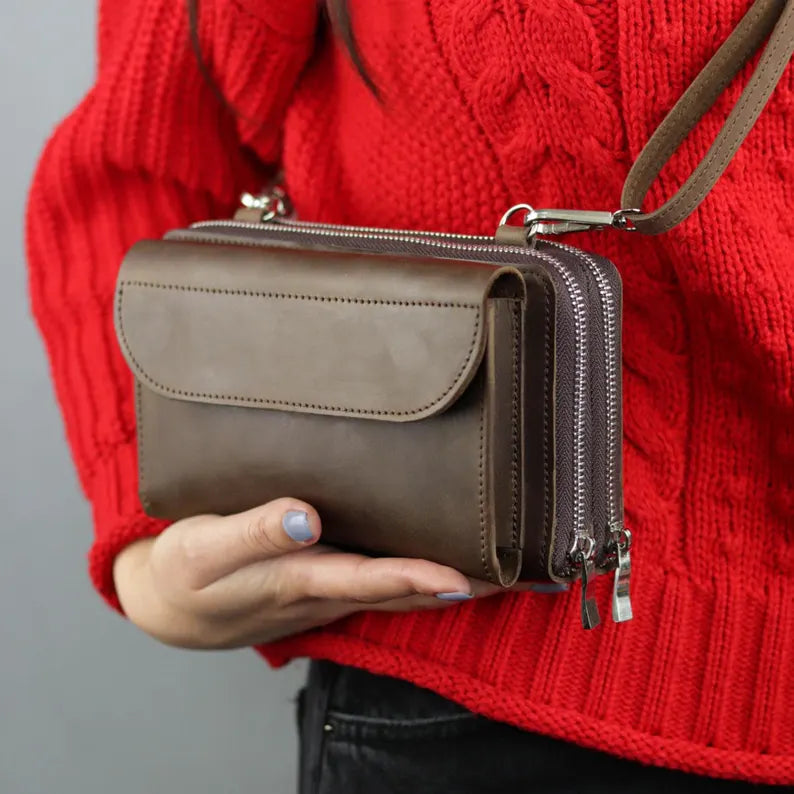 Leather Crossbody Wallet with Zip Compartments