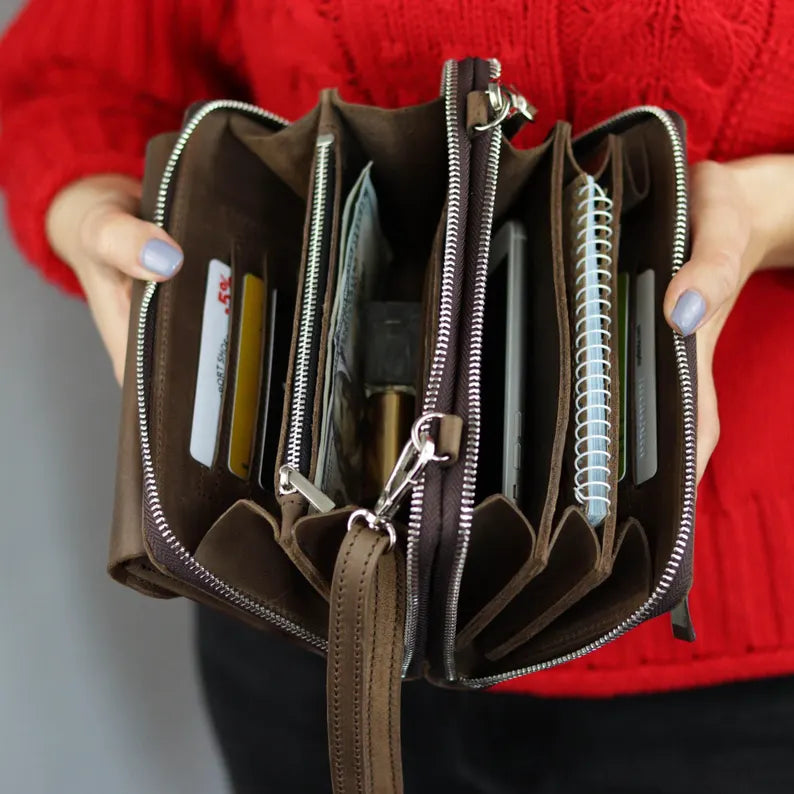 Leather Crossbody Wallet with Zip Compartments