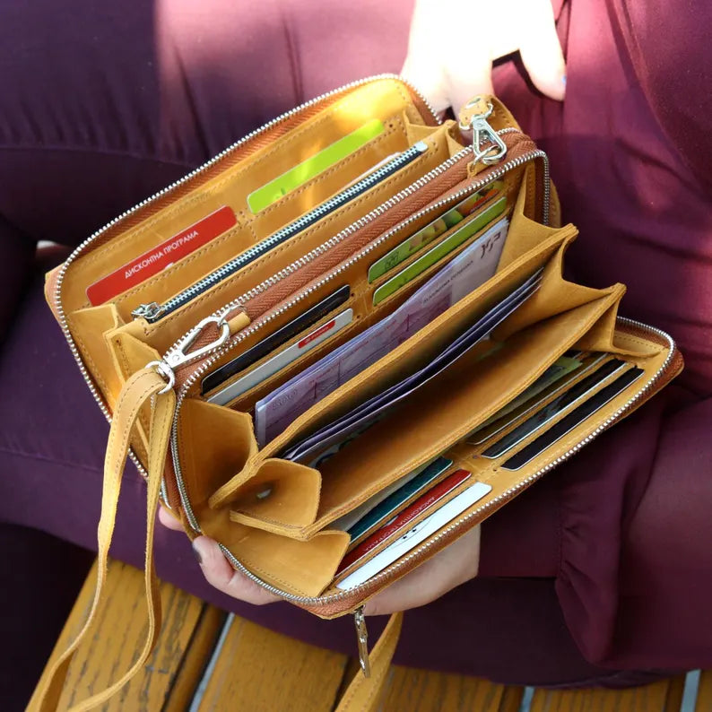 Leather Crossbody Wallet with Zip Compartments
