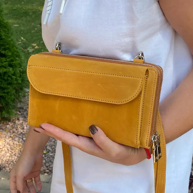 Leather Crossbody Wallet with Zip Compartments