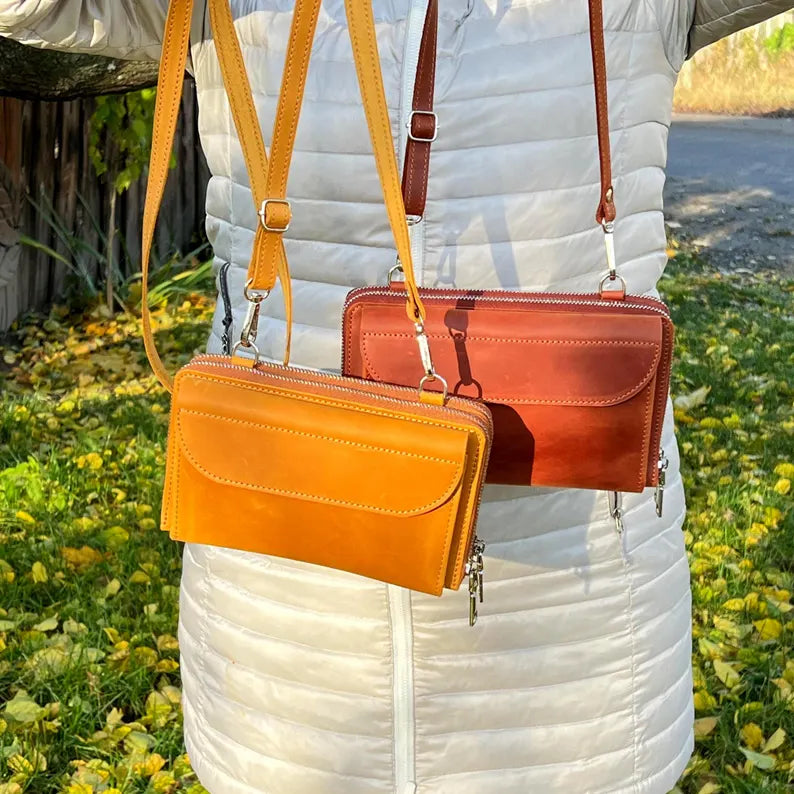 Leather Crossbody Wallet with Zip Compartments