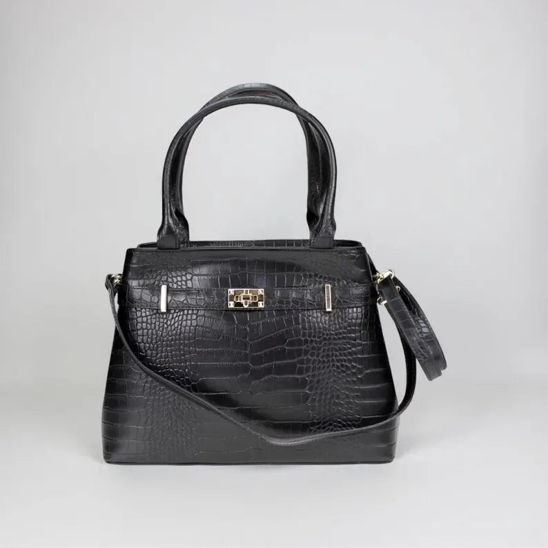 Croc-Embossed Structured Handbag with Shoulder Strap