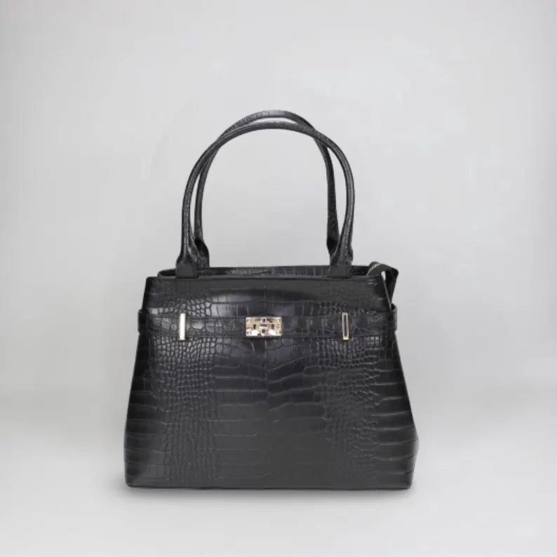 Croc-Embossed Structured Handbag with Shoulder Strap