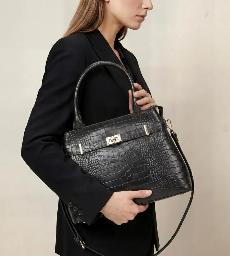 Croc-Embossed Structured Handbag with Shoulder Strap