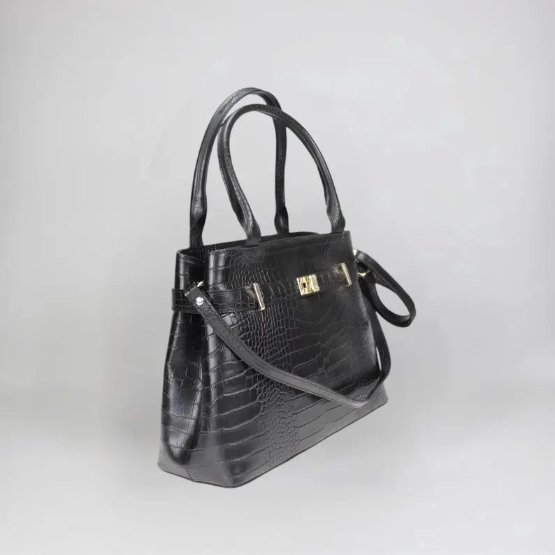 Croc-Embossed Structured Handbag with Shoulder Strap