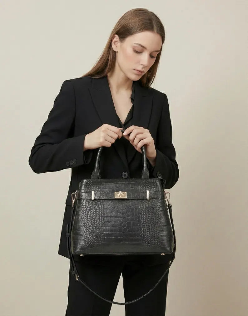 Croc-Embossed Structured Handbag with Shoulder Strap