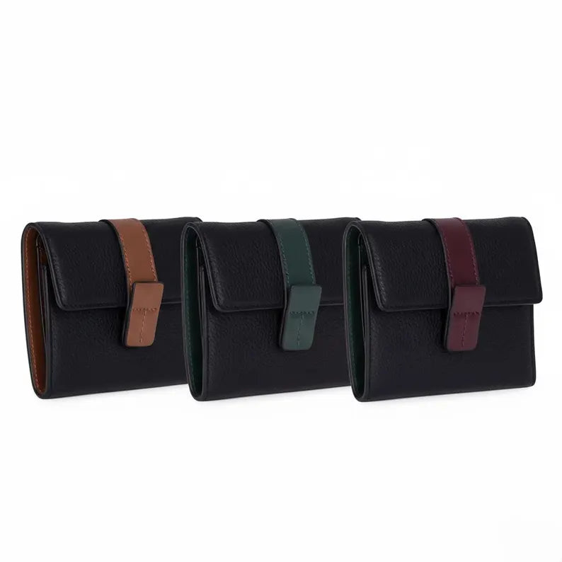 Compact Leather Wallet with Flap Closure