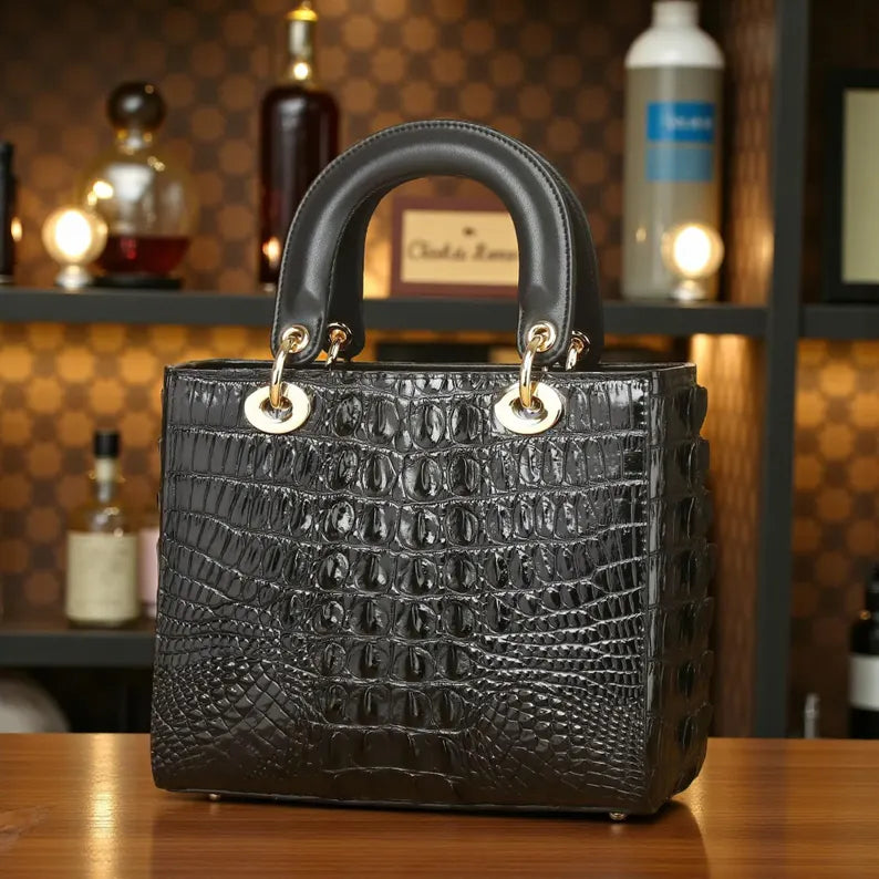 Luxury Croc-Embossed Top Handle Handbag with Shoulder Strap