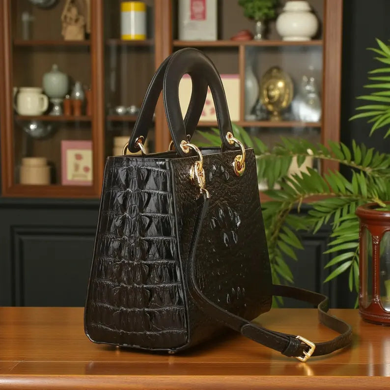 Luxury Croc-Embossed Top Handle Handbag with Shoulder Strap