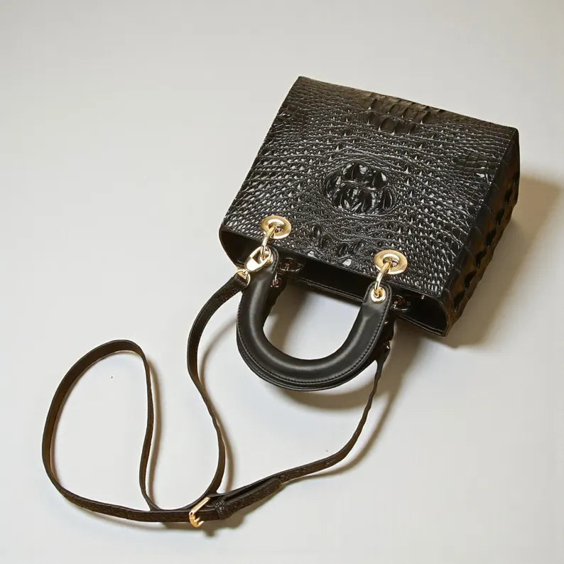 Luxury Croc-Embossed Top Handle Handbag with Shoulder Strap