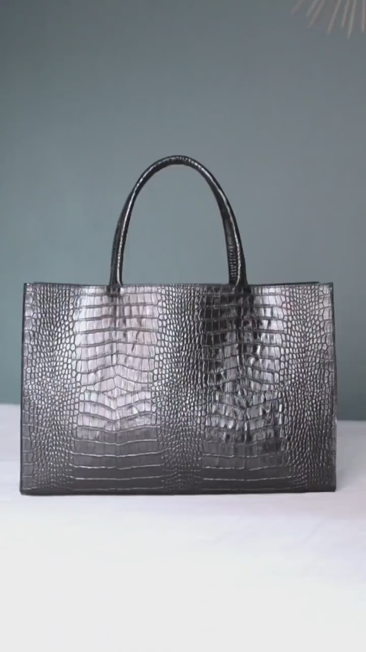 Croc-Embossed Structured Tote Handbag