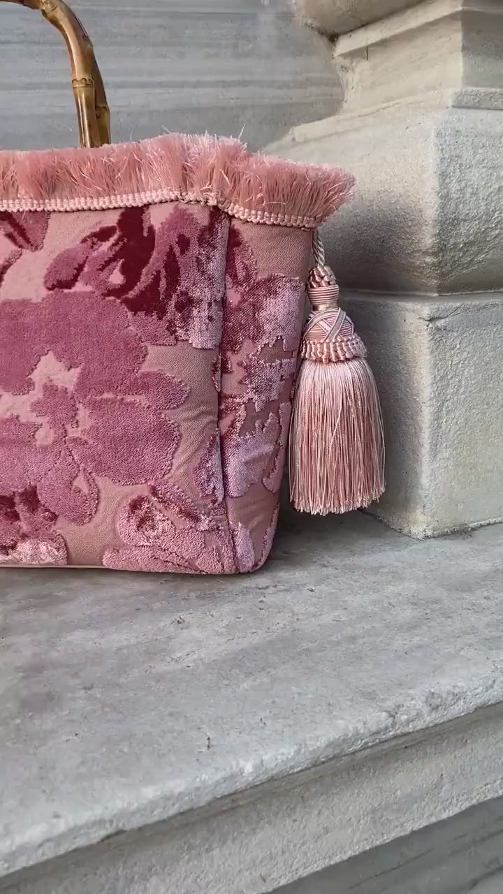 Velvet Floral Handbag with Bamboo Handle