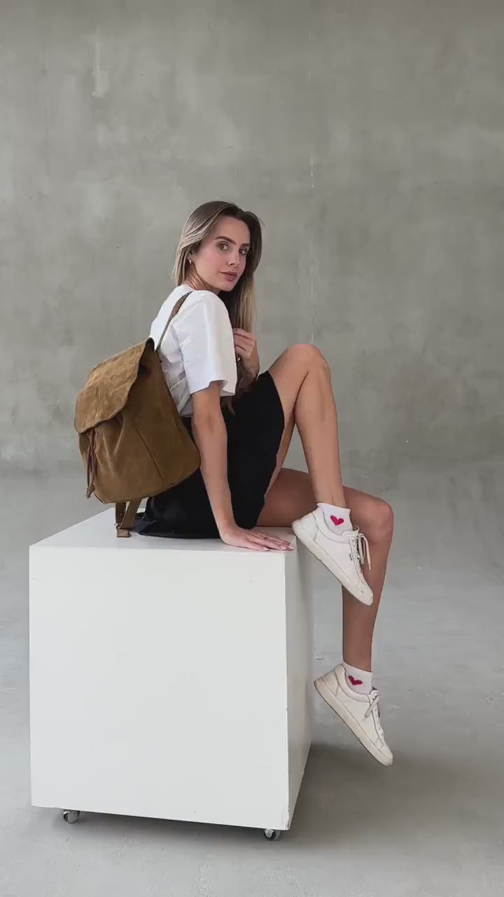 Suede Leather Backpack with Flap Closure